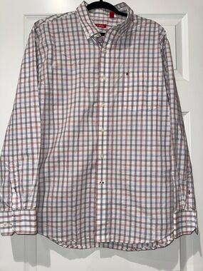 Izod Men’s Button-Down Plaid Shirt in White, Red & Blue